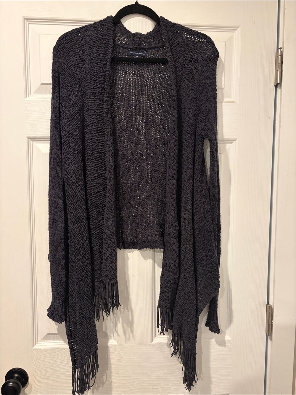 American Eagle Outfitters Open-Front Fringe Cardigan - Charcoal